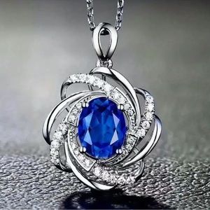 NEW Elegant Blue Sapphire Silver 925 Geometrical Pendant Necklace
